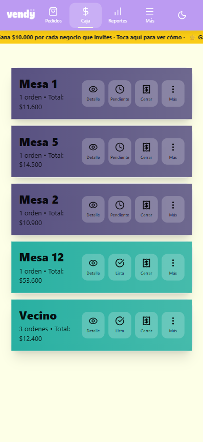 Pantalla de caja de Vendy con las mesas listas para cobrar